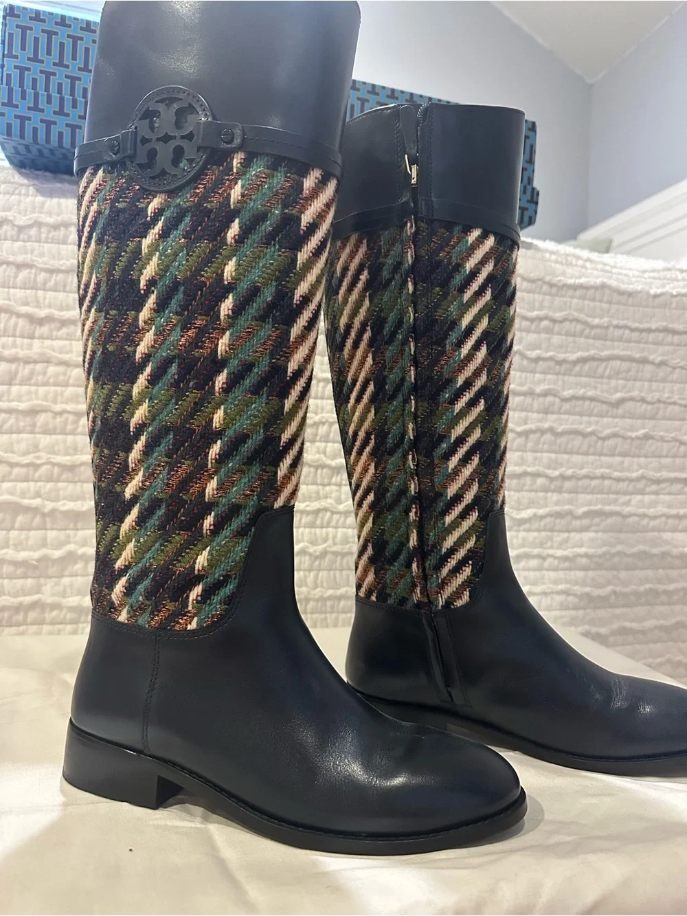 Tory Burch Miller Riding Boot & Purse Navy/Green Dogtooth Tweed Size 7 (SET)